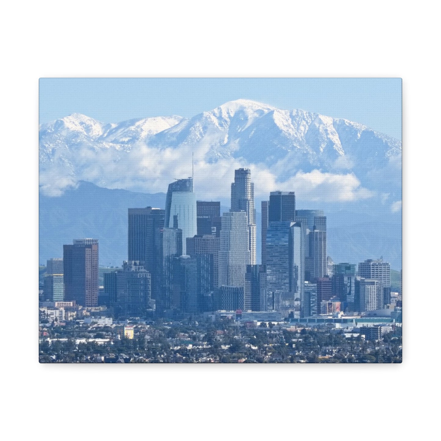 Canvas Print of Downtown Los Angeles with snow capped San Gabriel Mountains Wall Art