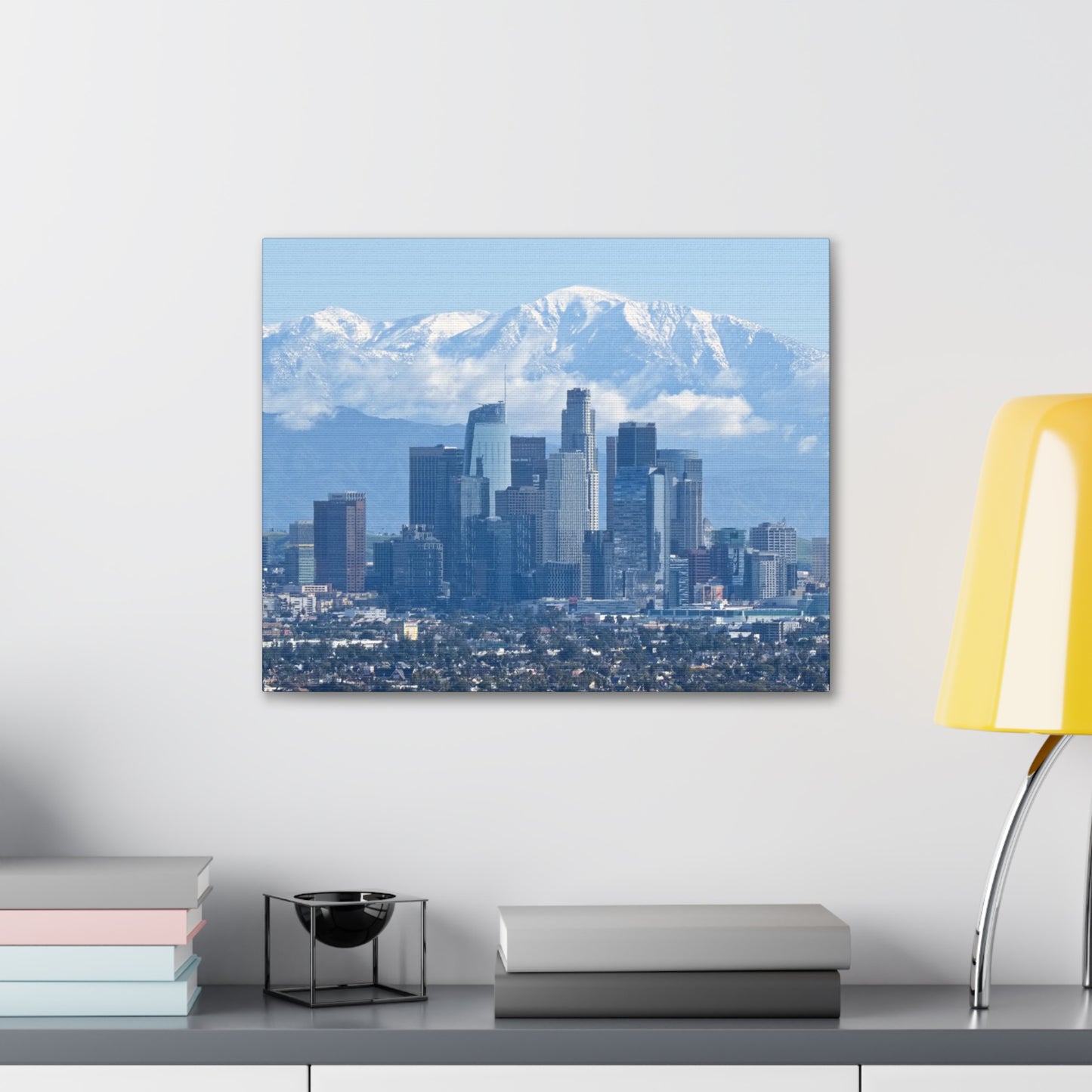 Canvas Print of Downtown Los Angeles with snow capped San Gabriel Mountains Wall Art