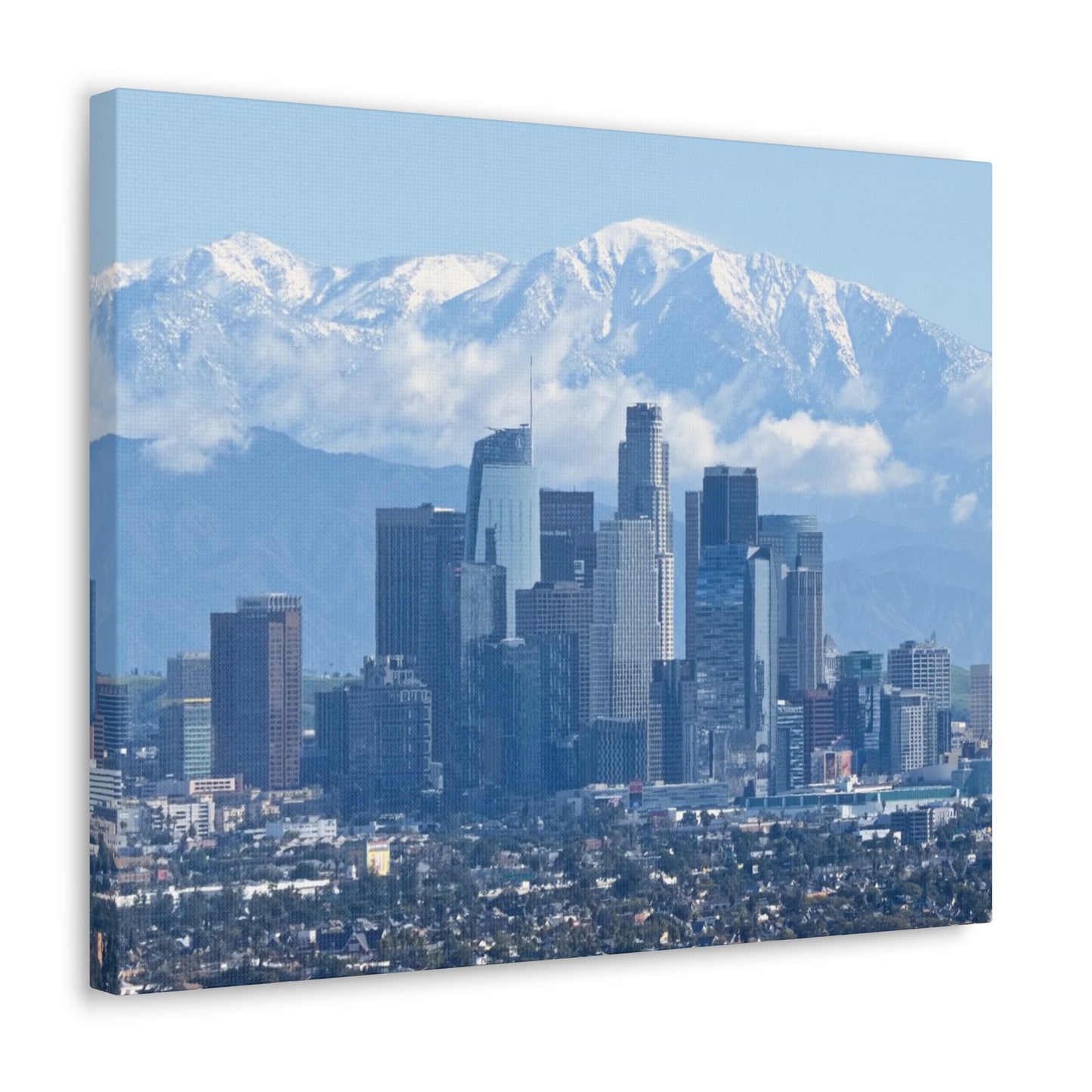 Canvas Print of Downtown Los Angeles with snow capped San Gabriel Mountains Wall Art