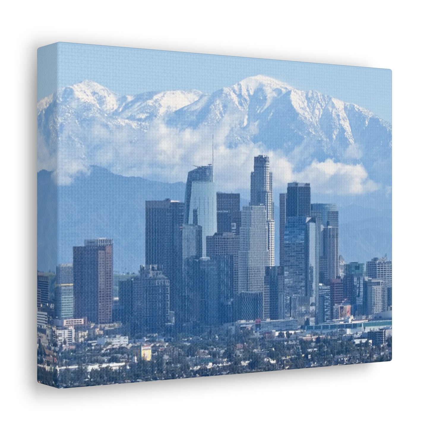 Canvas Print of Downtown Los Angeles with snow capped San Gabriel Mountains Wall Art
