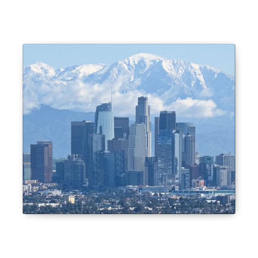 Canvas Print of Downtown Los Angeles with snow capped San Gabriel Mountains Wall Art