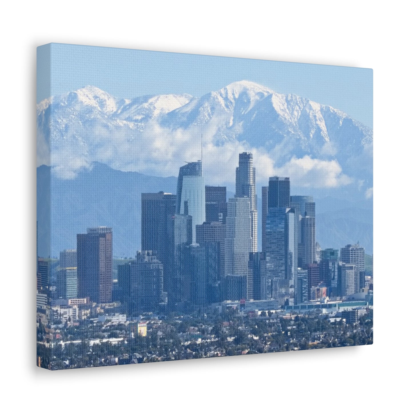 Canvas Print of Downtown Los Angeles with snow capped San Gabriel Mountains Wall Art