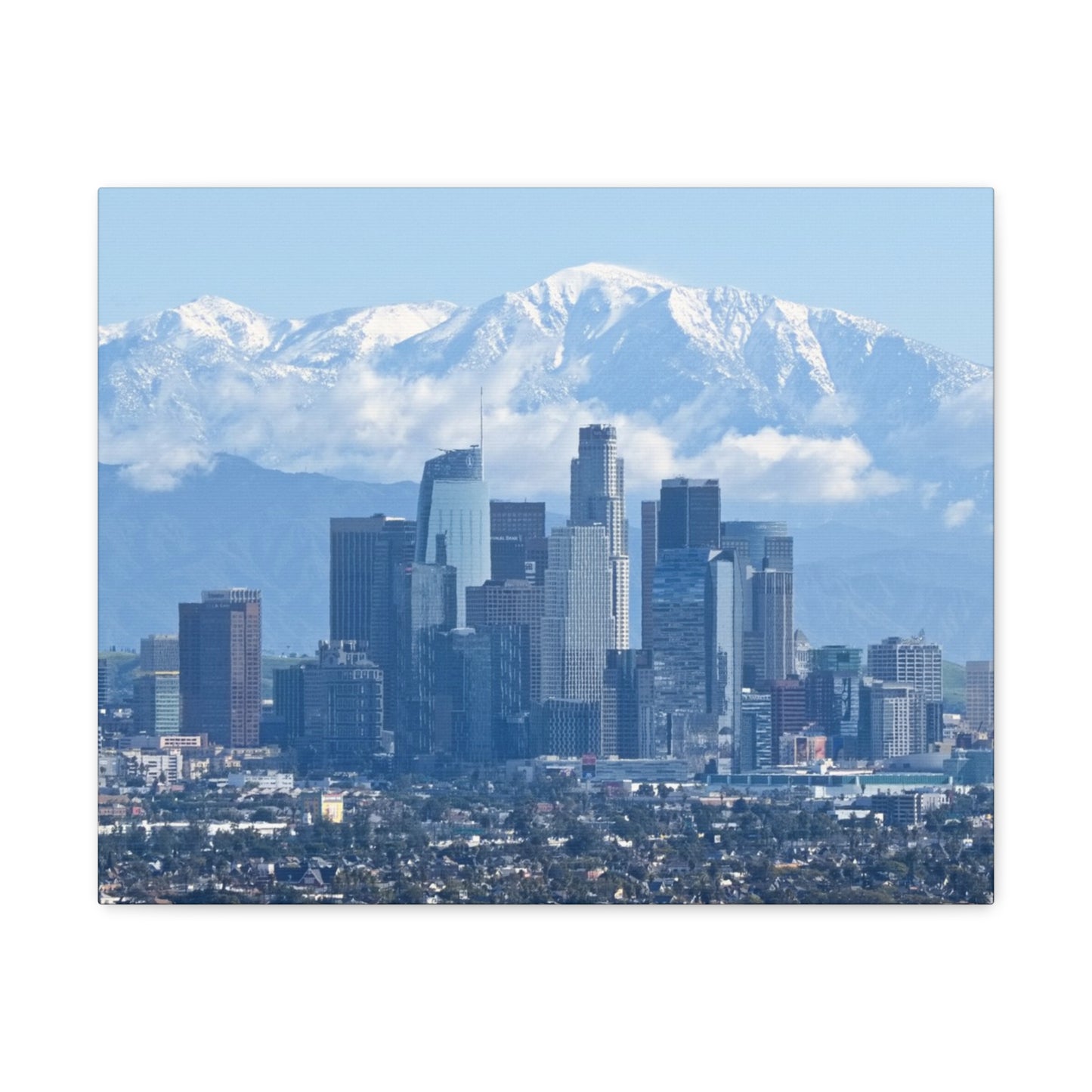 Canvas Print of Downtown Los Angeles with snow capped San Gabriel Mountains Wall Art