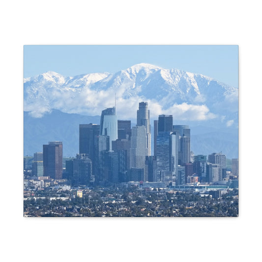 Canvas Print of Downtown Los Angeles with snow capped San Gabriel Mountains Wall Art
